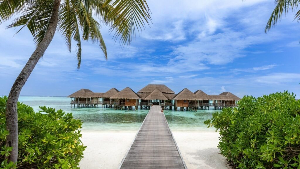 Palm-framed jetty leading to the overwater villas at Gili Lankanfushi