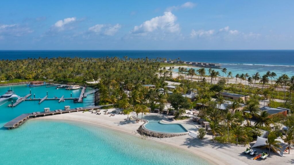 Aerial view of The Ritz-Carlton Maldives resort island, Fari Islands