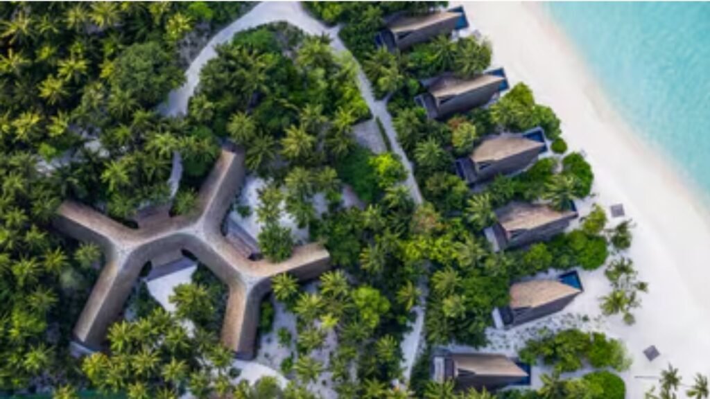 Aerial view of the overwater villas at The St. Regis Maldives Vommuli Resort
