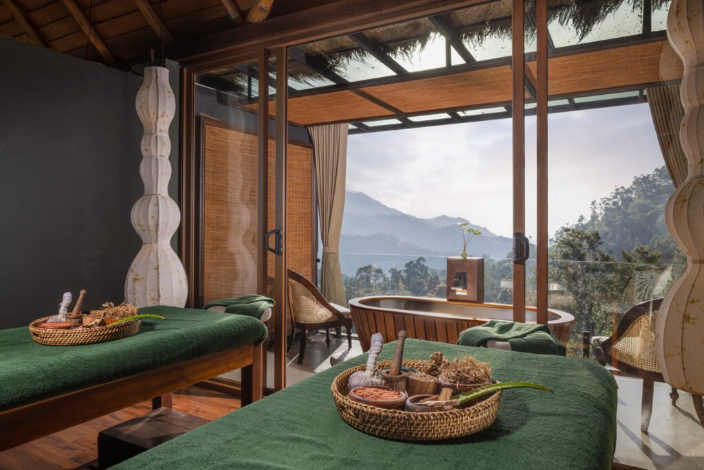 Room interior looking out over the hills at 98 Acres Resort, Ella