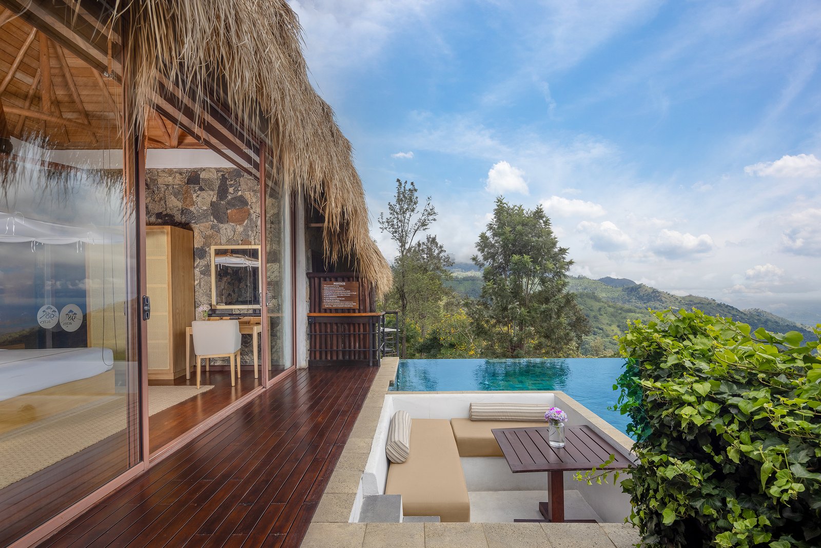 Chalet terrace and plunge pool above the valley at 98 Acres Resort, Ella
