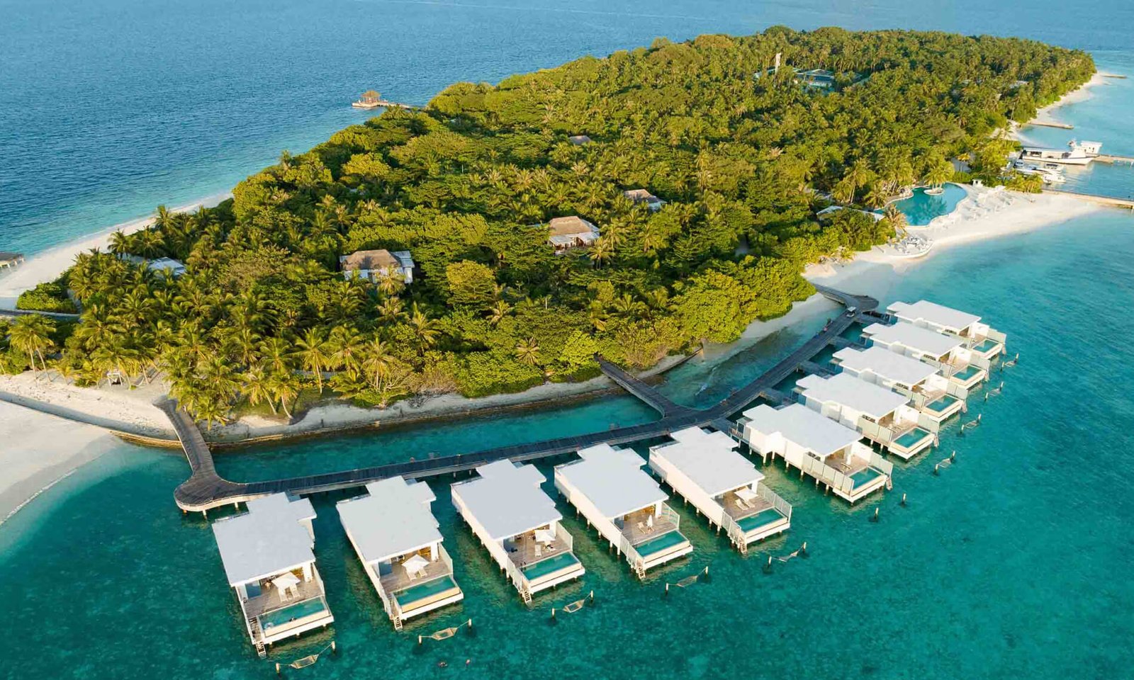 Aerial view of the overwater villas at Amilla Maldives