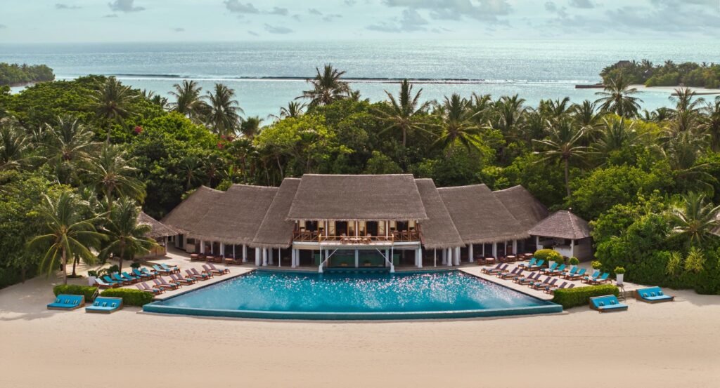Aerial view of the resort pool at Anantara Dhigu
