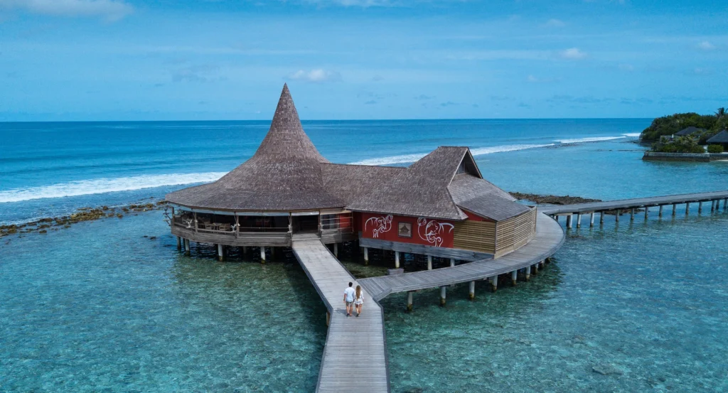 Overwater villas and jetty at Anantara Veli
