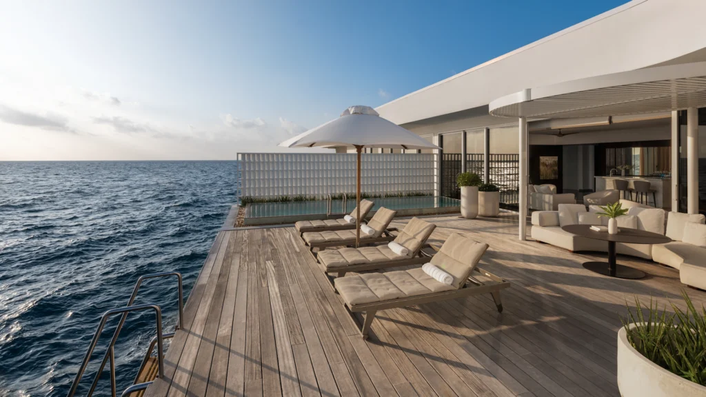 Villa deck and loungers above the sea at Conrad Maldives Rangali Island