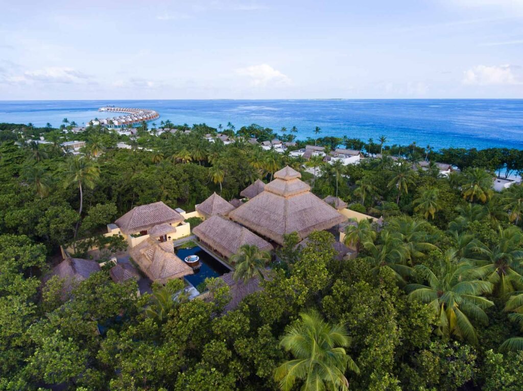 Aerial view of the villas among the palms at Emerald Maldives Resort and Spa