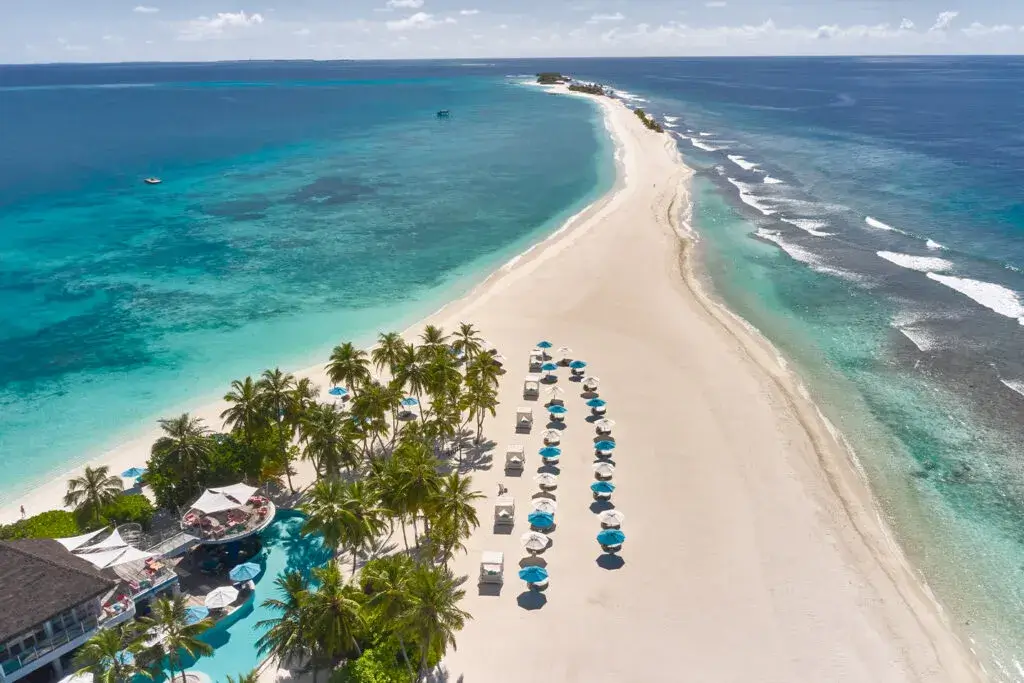 Aerial view of the sandbank and resort at Finolhu, Baa Atoll