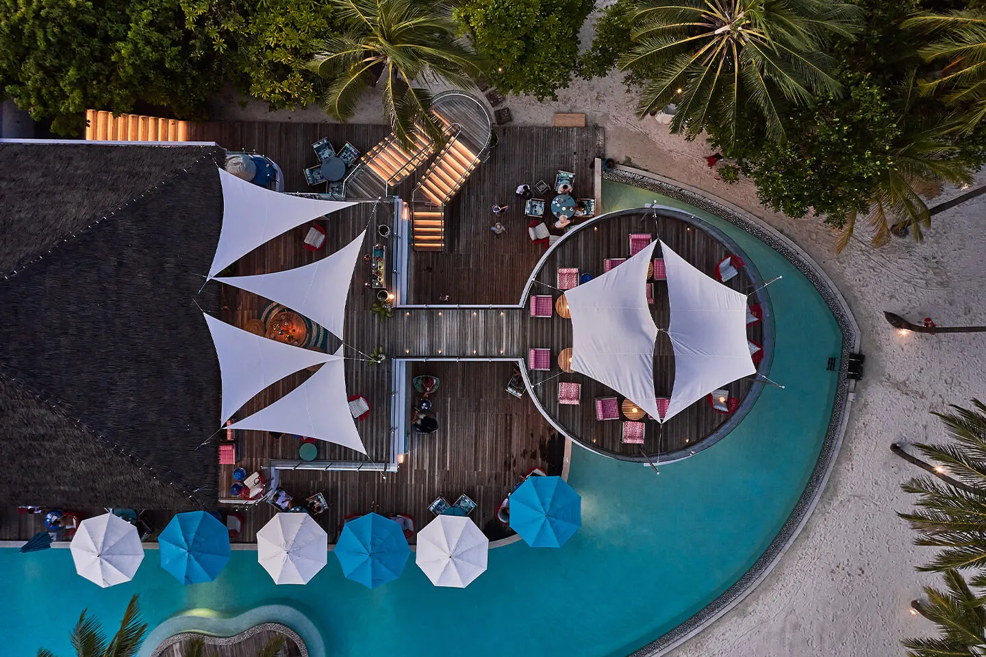 Aerial view of the overwater bar at Finolhu, Baa Atoll