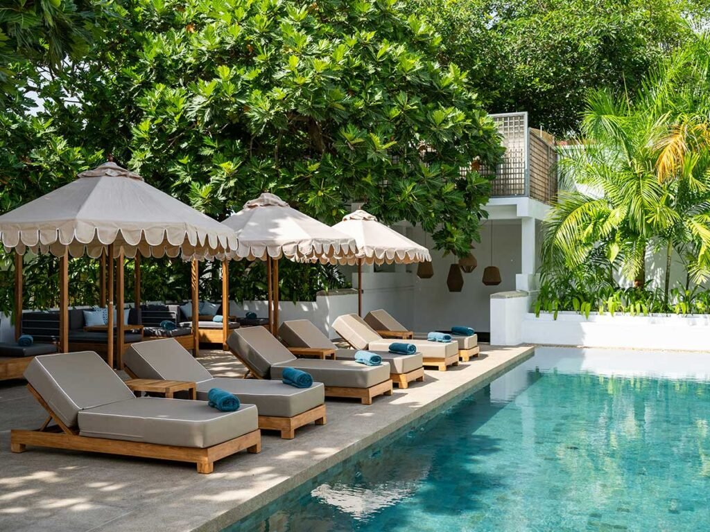Pool, parasols and loungers at Fort Bazaar, Galle Fort