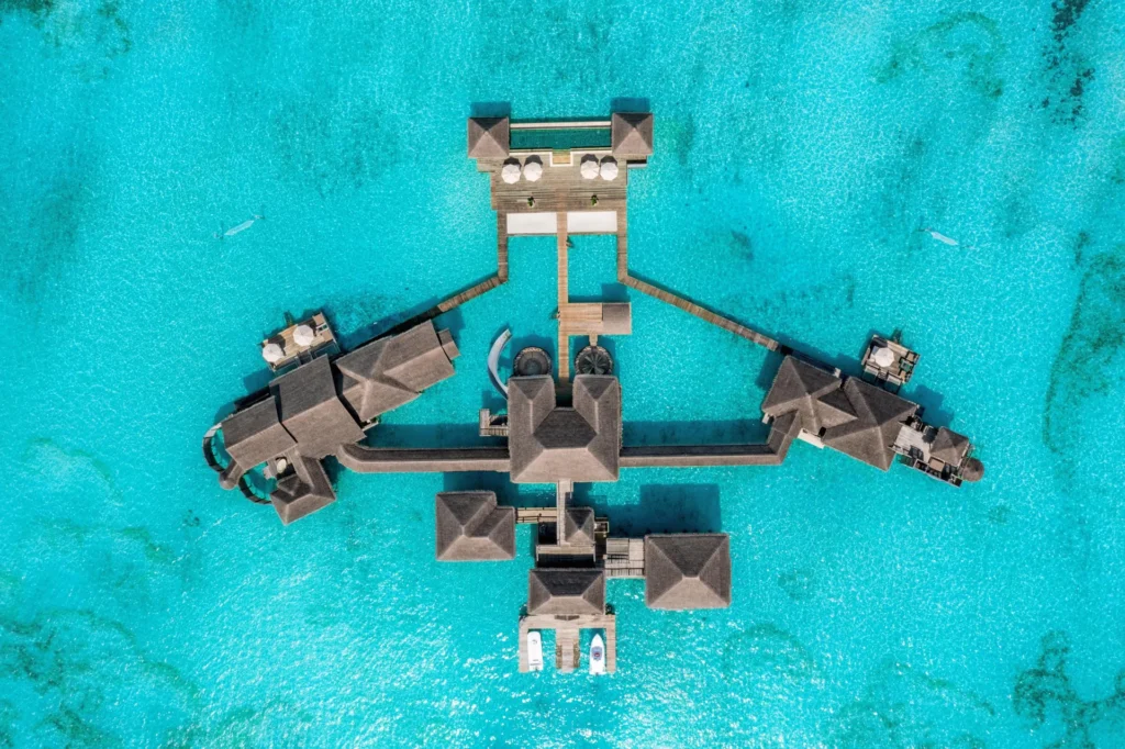 Aerial view of the overwater villas at Gili Lankanfushi