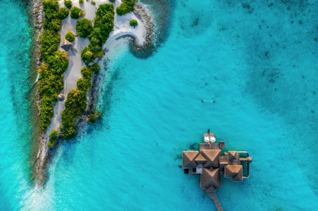 Aerial view of a private overwater residence at Gili Lankanfushi