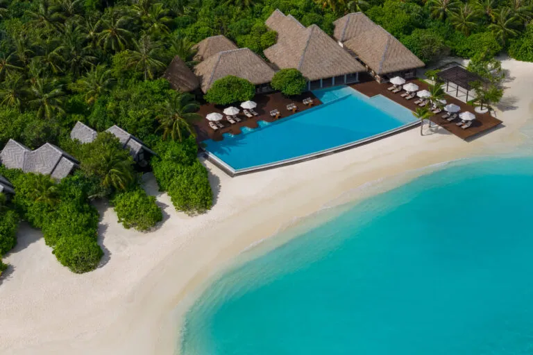 Aerial view of the pool and beach at Heritance Aarah