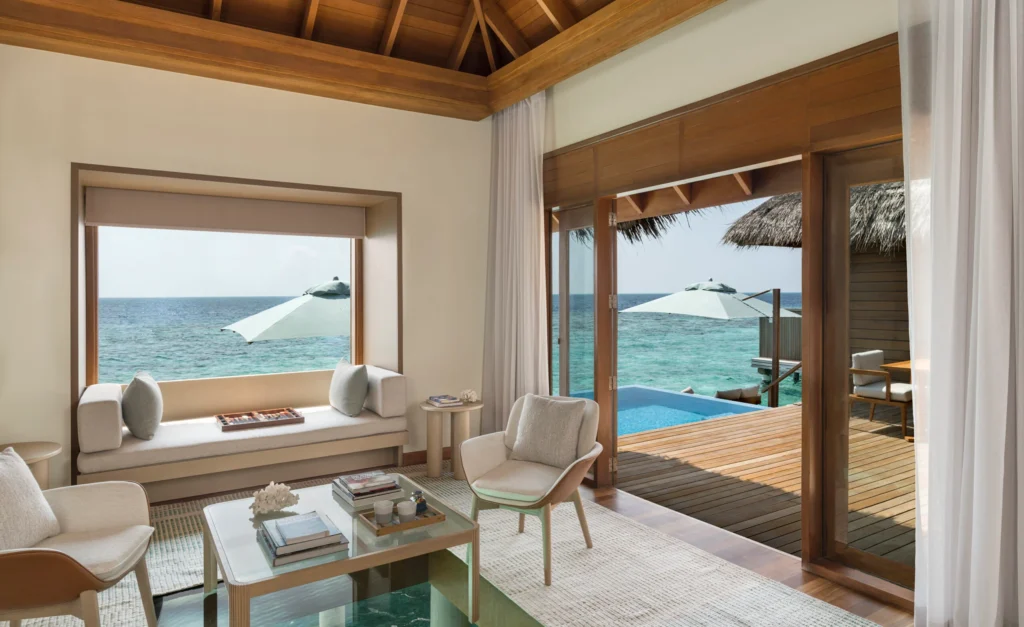 Villa lounge with a sea view at Huvafen Fushi