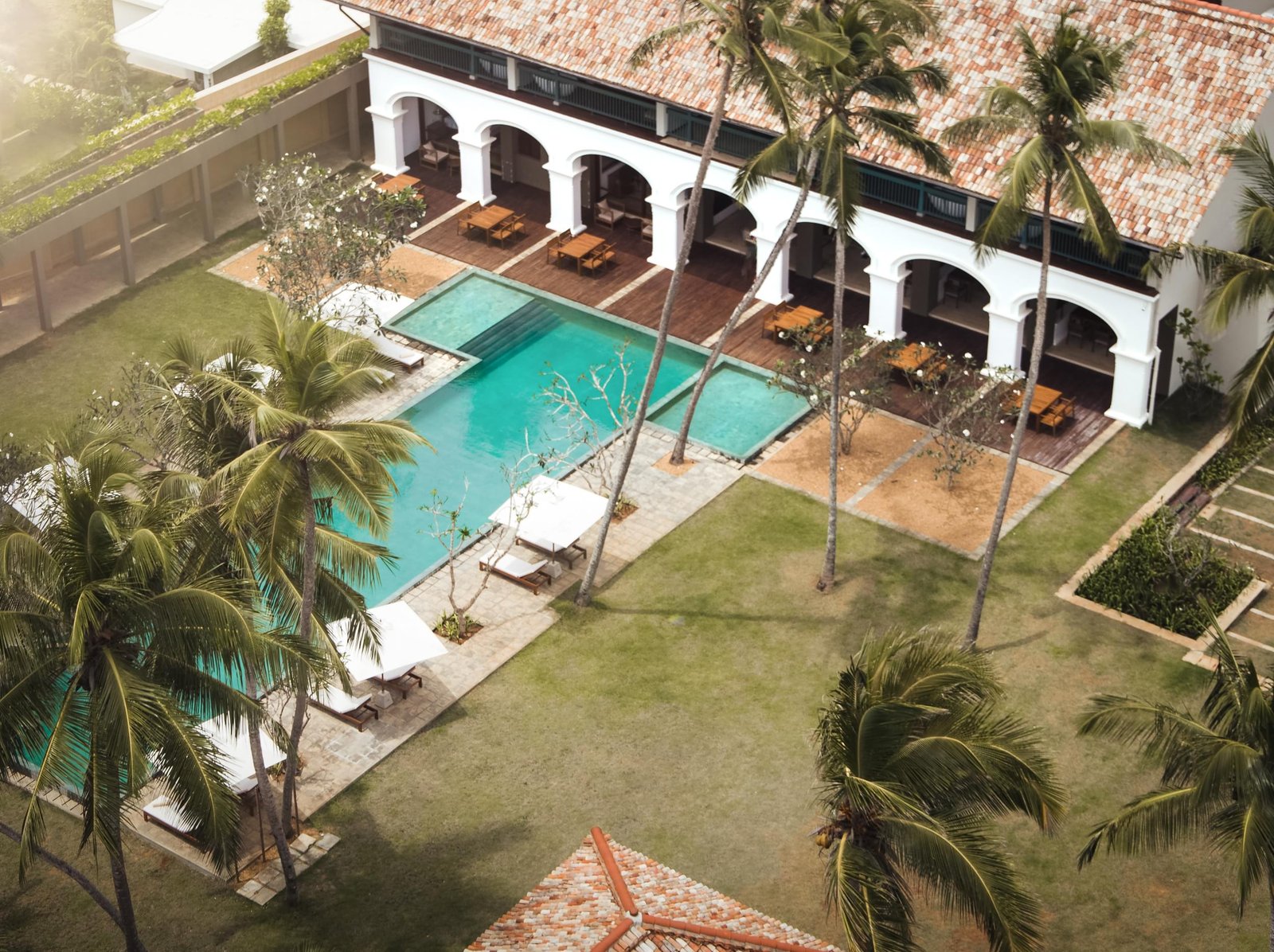 Aerial view of the pool and colonnade at Kayaam House, Tangalle