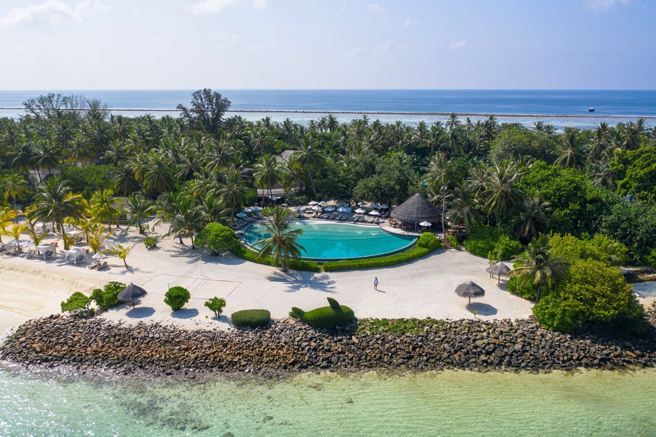Aerial view of the resort pool and beach at LUX South Ari Atoll