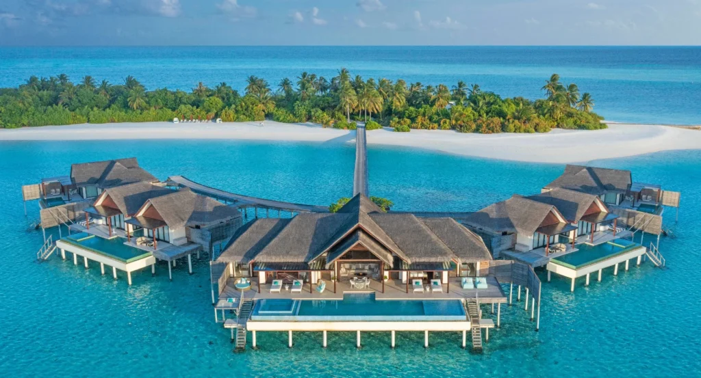 Aerial view of the jetty and overwater villas at Niyama Private Islands