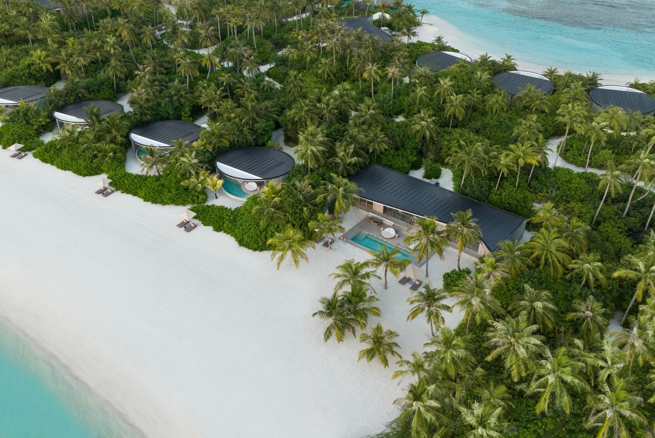 Aerial view of the beachfront villas at The Ritz-Carlton Maldives, Fari Islands