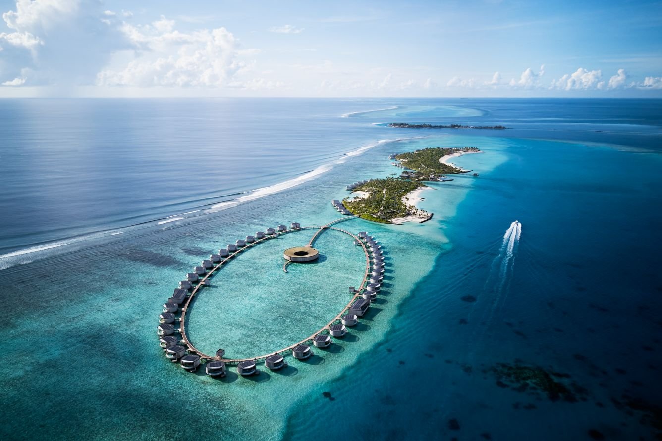 Aerial view of the circular overwater villas at The Ritz-Carlton Maldives, Fari Islands