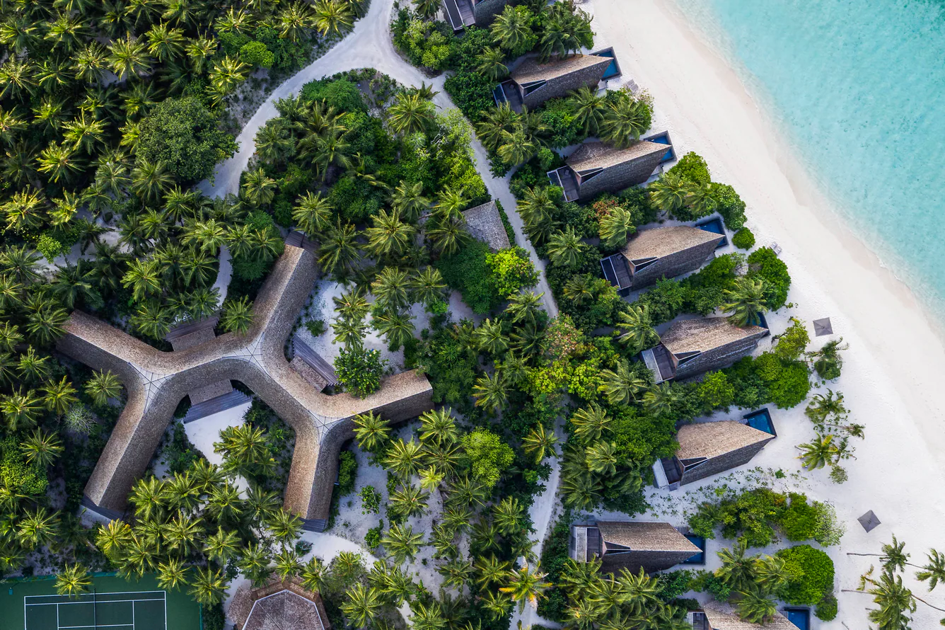 Aerial view of the beach villas at The St. Regis Maldives Vommuli Resort