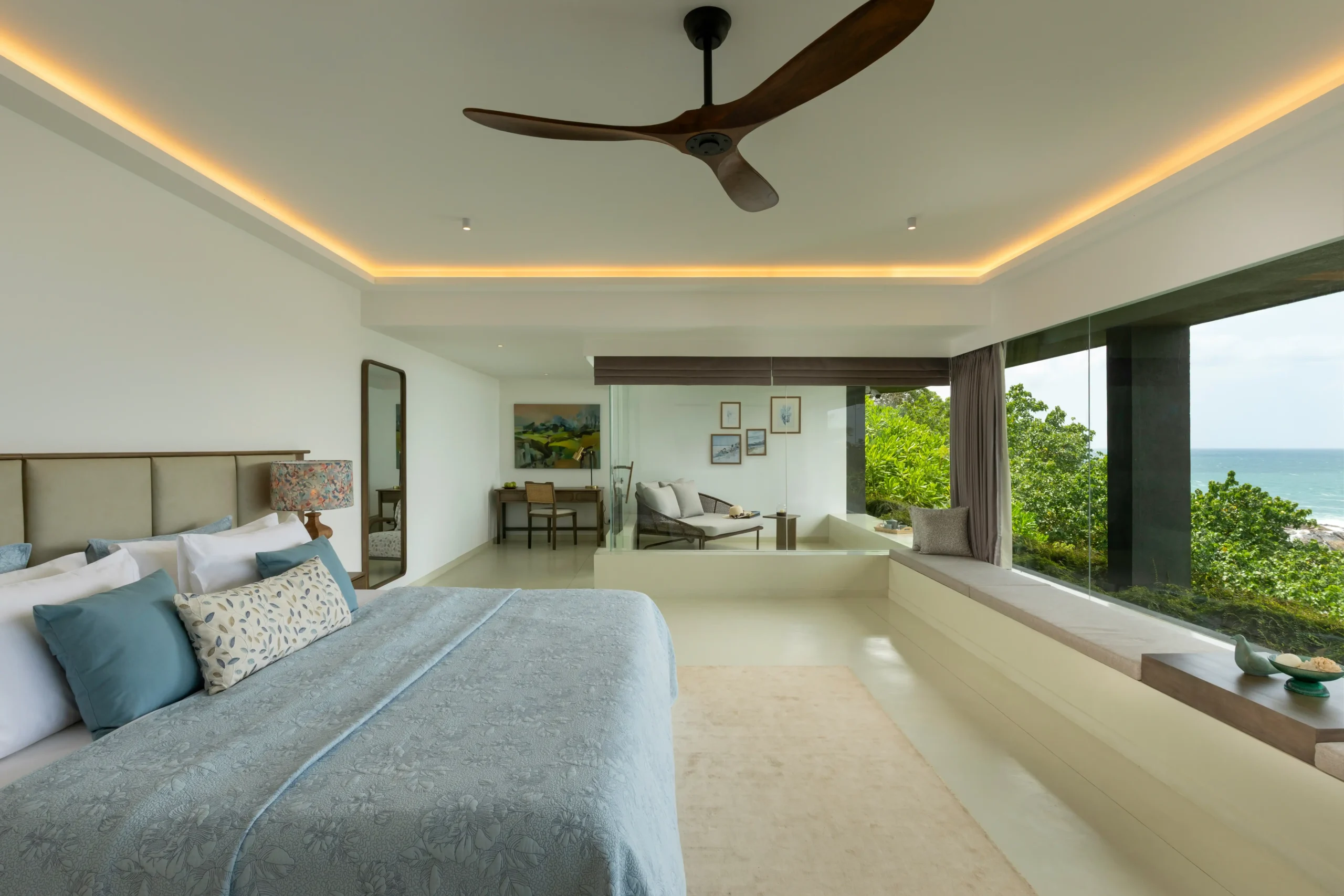 Bedroom opening onto the sea at Uga Prava, Tangalle