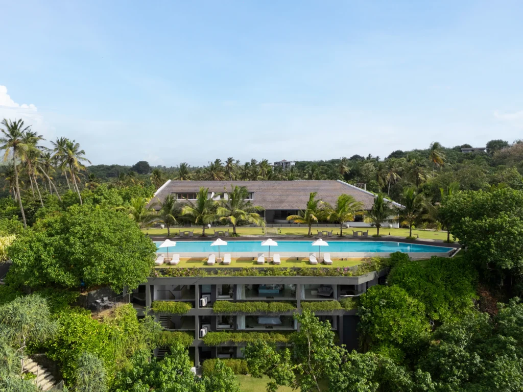 Aerial view of the pool and resort at Uga Prava, Tangalle