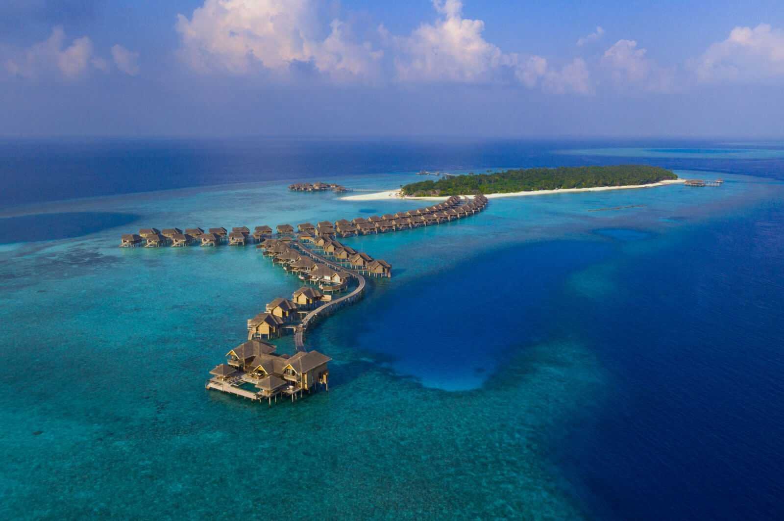 Aerial view of the overwater villas at Vakkaru Maldives