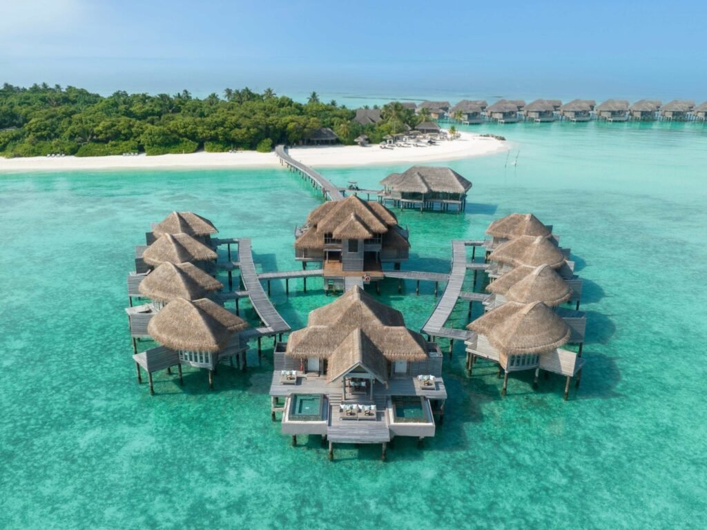 Aerial view of the overwater villas at Vakkaru Maldives