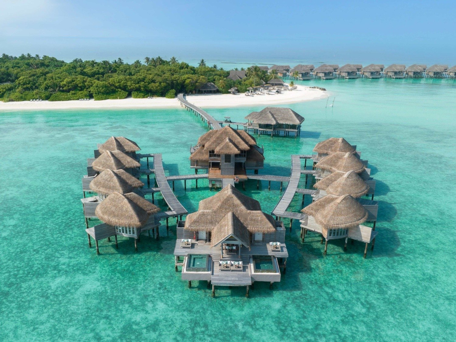 Aerial view of the overwater villas at Vakkaru Maldives