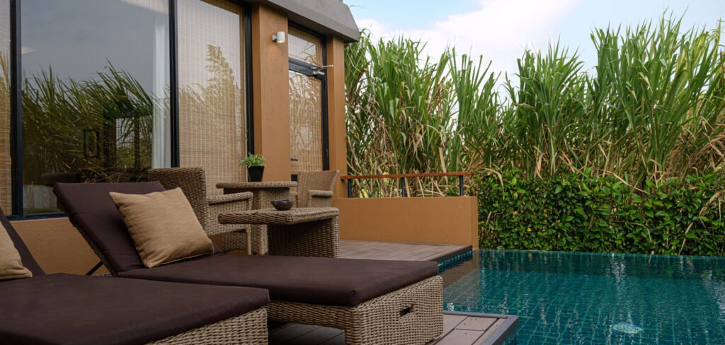 Villa terrace and pool beside the paddy fields at Water Garden Sigiriya