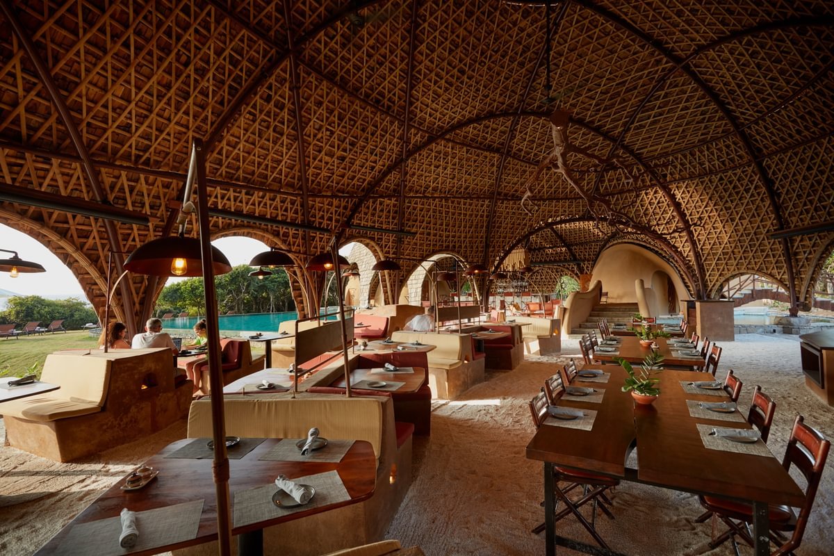 Bamboo-vaulted lounge at Wild Coast Tented Lodge, Yala